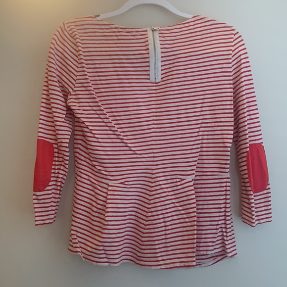 Rebecca Taylor Red & White Striped Peplum 3/4-sleeve Top with Elbow Patches - Picture 2 of 4